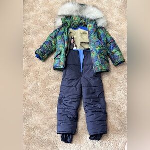 Kids Winter Snowsuit Jacket & Bib Set - Green Multi Jacket with Navy Bib Pants